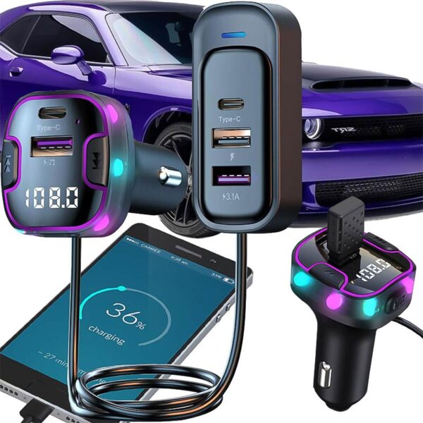 Bluetooth FM Трансмитер за кола с вграден микрофон за разговори, 3x USB и Type-C адаптер зарядно