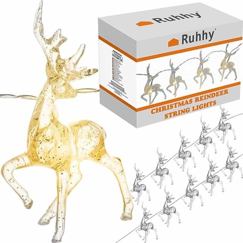 Коледни LED лампички RUHHY с еленчета – 10 броя, топла бяла светлина, 133 см