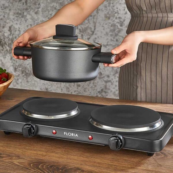 Електрически котлон с 2 горелки и регулируем термостат – черен, 44x25x7 см