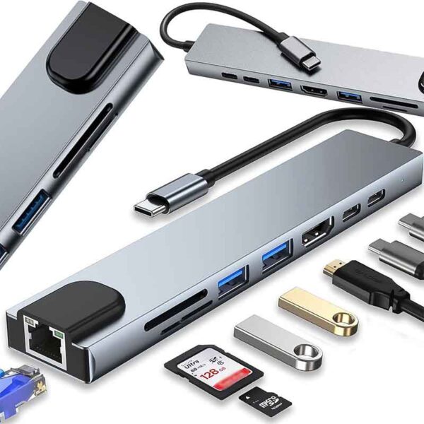 USB-C HUB адаптер 8 в 1 – HDMI, 2×USB, 2×USB-C, RJ45, SD/TF
