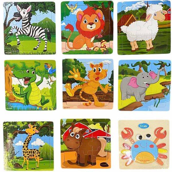 Дървен пъзел за деца 14 x 14 см – комплект от 12 броя с различни животни
