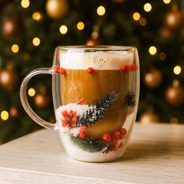 Термо стъклена чаша с цветя и зимни акценти, 300 мл