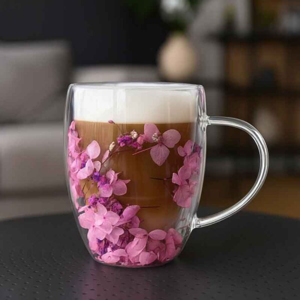 Термо стъклена чаша с цветя – гипсофила и хортензии, лилаво и розово, 300 мл