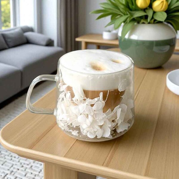 Термо стъклена чаша с бели цветя, хортензия – 180 мл