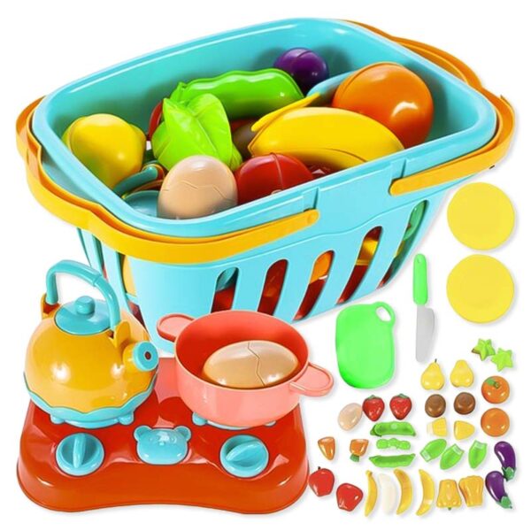 Комплект плодове и зеленчуци за рязане с кошница и печка – 22 части