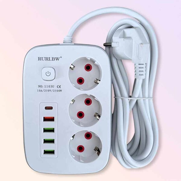 Разклонител с 3 контакта, 4 USB и 1 USB-C, 3 м кабел, 2500W, бял