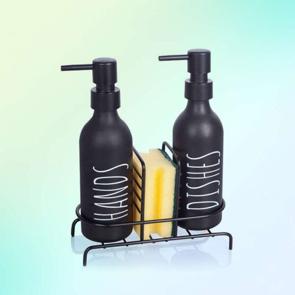 Двоен диспенсър 2 × 330 мл с цветни бутилки и метална поставка SARINA