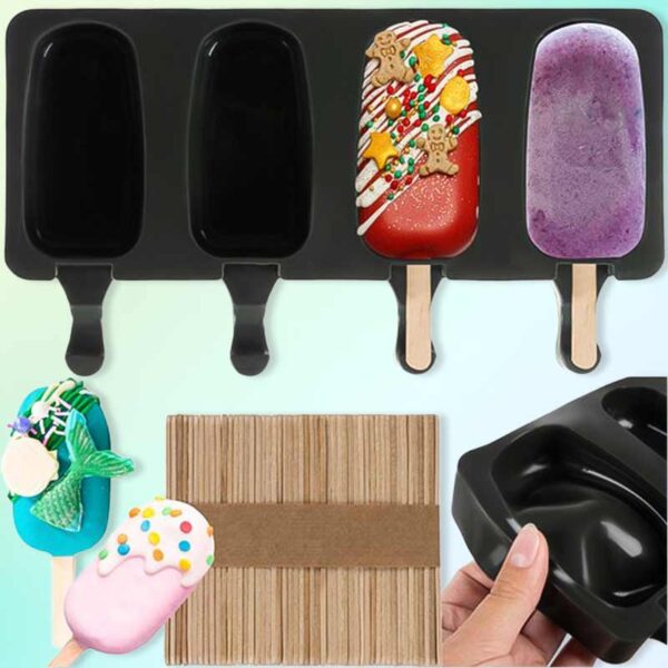 Силиконова форма за сладолед с 4 гнезда и 50 пръчици, Ruhhy