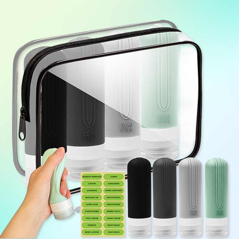 Комплект от 4 силиконови бутилки 90 мл и водоустойчива козметична чанта