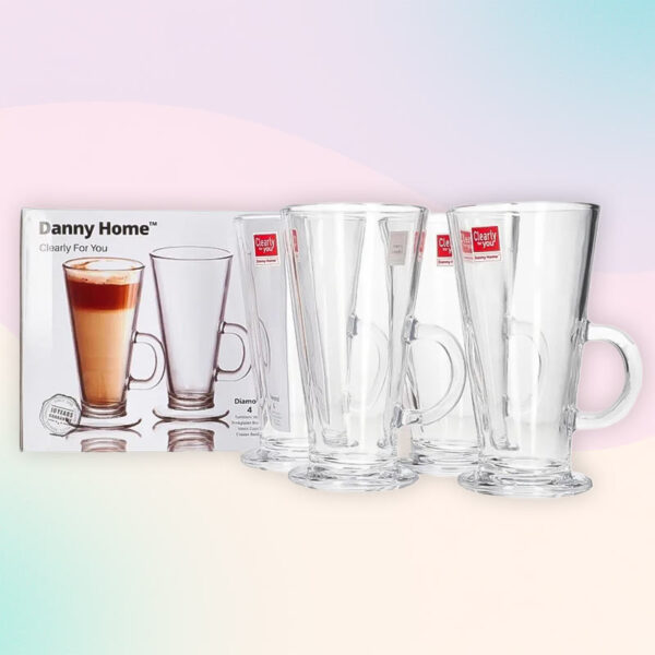 Комплект 4 стъклени чаши Danny Home 290 мл за лате, кафе и чай