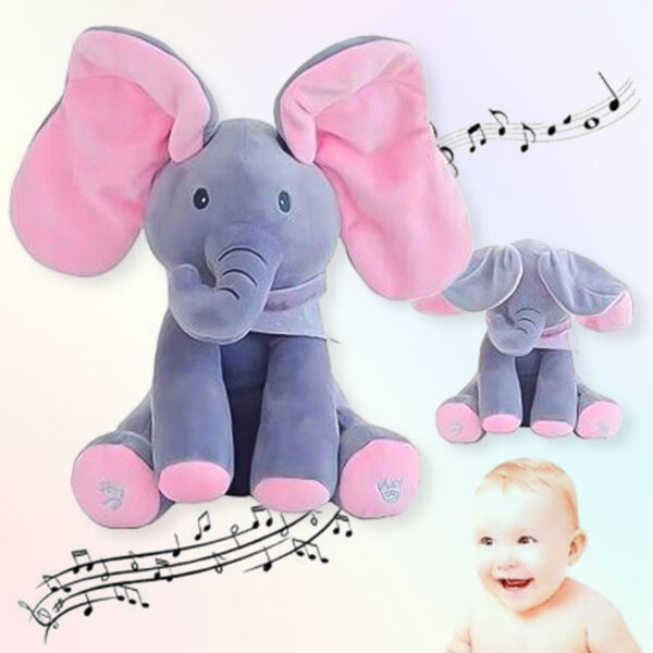 Плюшена играчка Слонче Куку-Бау 33 x 16 см, Пее и Играе, С Ушички за Покриване на Лицето