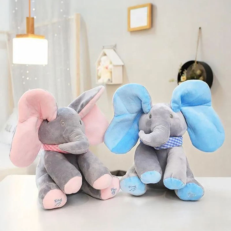 Плюшена играчка Слонче Куку-Бау 33 x 16 см, Пее и Играе, С Ушички за Покриване на Лицето - Image 2