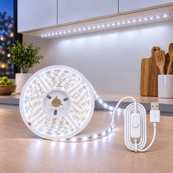 Самозалепваща LED лента 5 м, USB 5V, студено бяла светлина